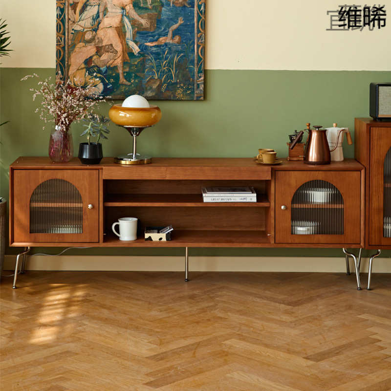 QP8实木电视柜复古北欧墙柜组合日式小户型客厅储物柜中古风电视