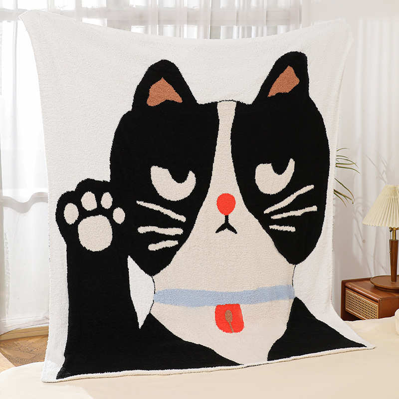 蓬松半边绒午睡毯子针织提花盖毯可爱猫咪单人沙发空调盖毯糯