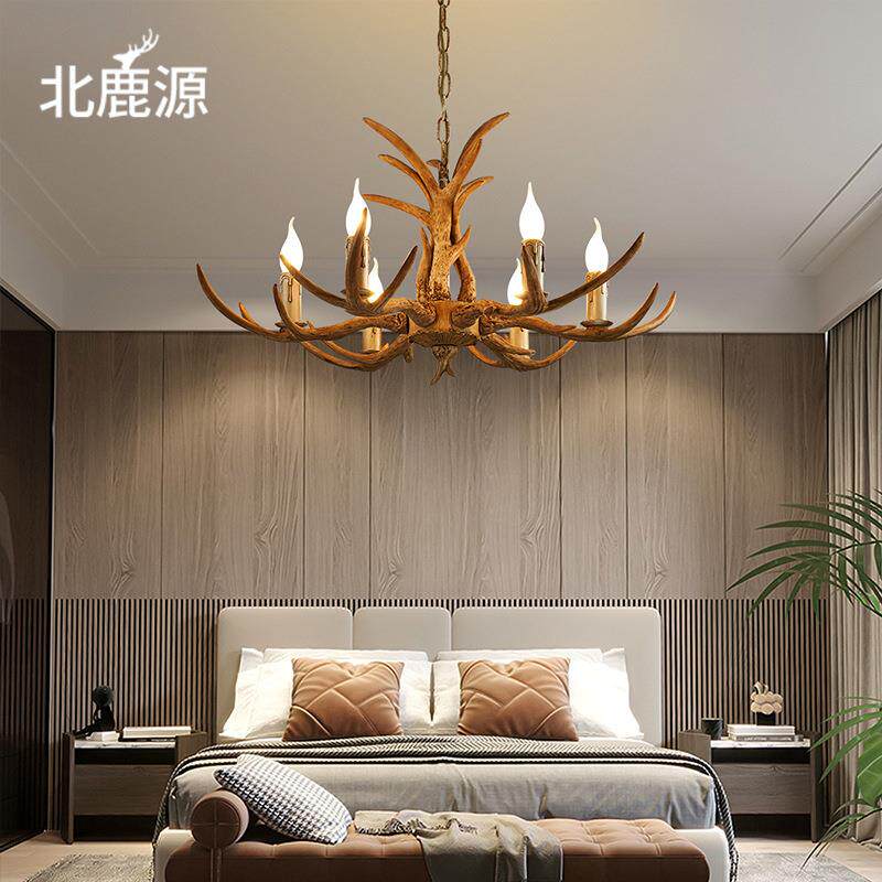 跨境货源鹿角灯美式乡村工业风客厅餐厅卧室吊灯北欧小木屋鹿角灯