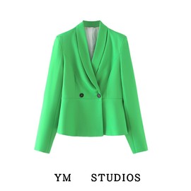 新中式甜美小香风女西装外套翻领长袖绿色短款双排扣小西服上衣女