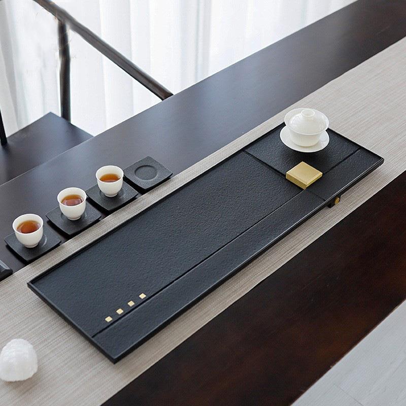 高端乌金石茶盘家用新中式轻奢现代茶具托盘设计师嵌入式铜石茶台