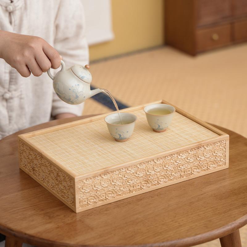 竹盘帘竹制茶盘方浮雕86101干泡台家用长形式托储水茶台茶海托盘