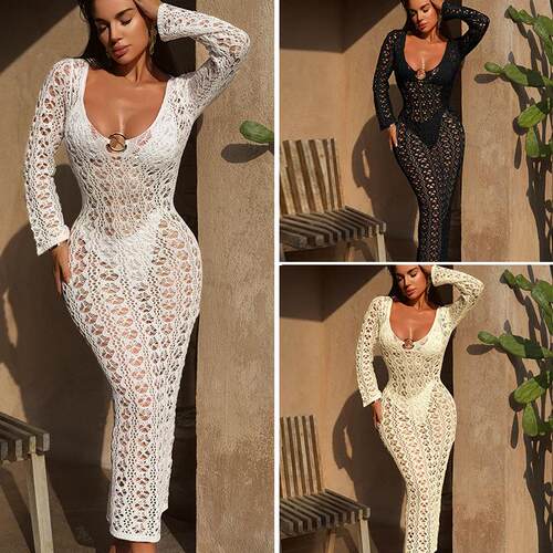 Women'S Solid Dress Casual Long Sleeve Dress For Beach