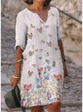 Printed seven quarter sleeve collar printed mid length dress