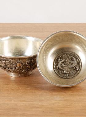 古玩藏仿收古浮雕嵌镶玉石老银碗公家居办摆件440实心镀银碗