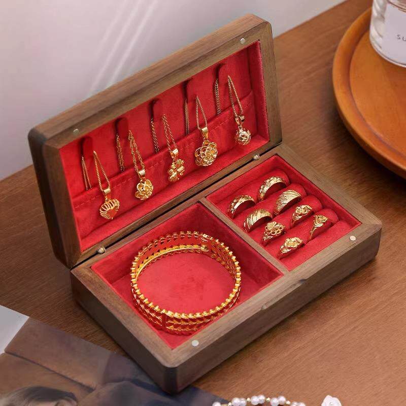 彩礼首饰盒丝绒布订婚黑胡桃木实质高档三金一套收纳盒大容量展示