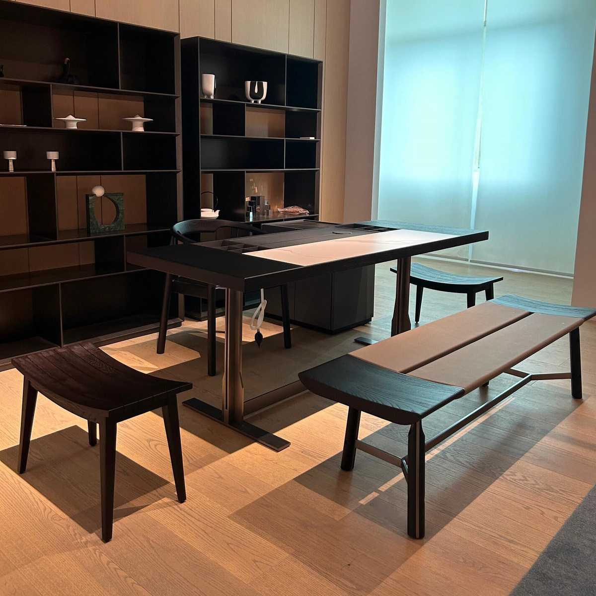 禅意黑胡桃木茶桌椅组合新中式别墅豪宅岩板茶台茶几办公室泡茶桌