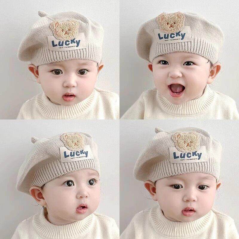 贝雷帽秋冬季韩版小熊婴幼儿男童针织毛线 线画 画家帽潮公主帽洋