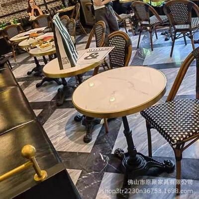 法式户外理桌石岩板大餐桌厅不锈钢包边子西餐奶茶店咖啡厅参照标