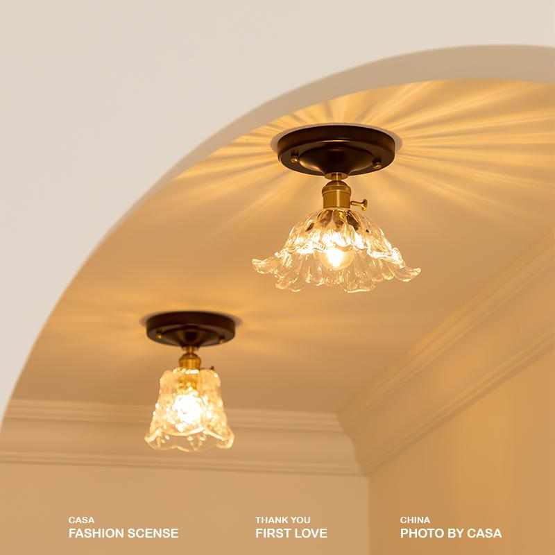 中古风胡桃木色过道灯法式复古走廊灯玻璃实木入户阳台玄关灯