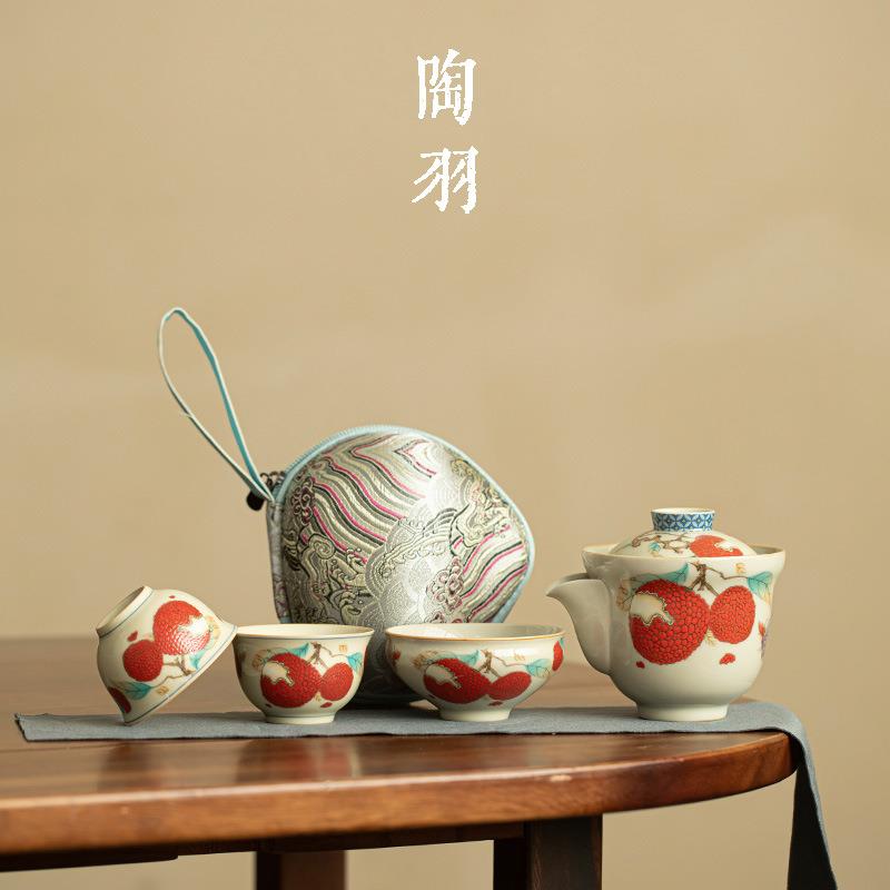 荔枝陶瓷手抓壶一壶三杯家用泡茶壶茶杯户外便携式旅行茶具