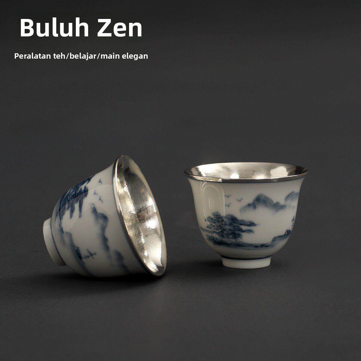竹禅迹|山水青花瓷包银杯 单杯子品茗功夫陶瓷茶具套装主人杯茶杯