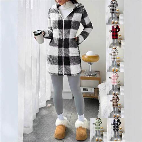 Women's Plaid Fleece Hooded Fitted Coat Fitted Casual