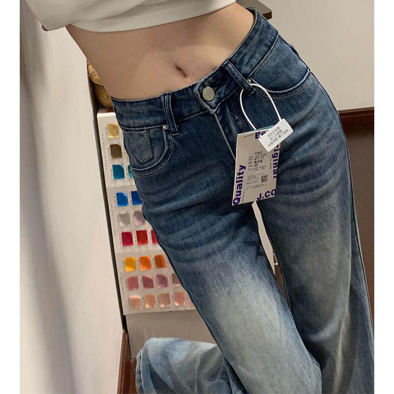浅蓝色高腰直筒微喇牛仔裤女夏季薄款2026新款小个子美式不贴腿裤