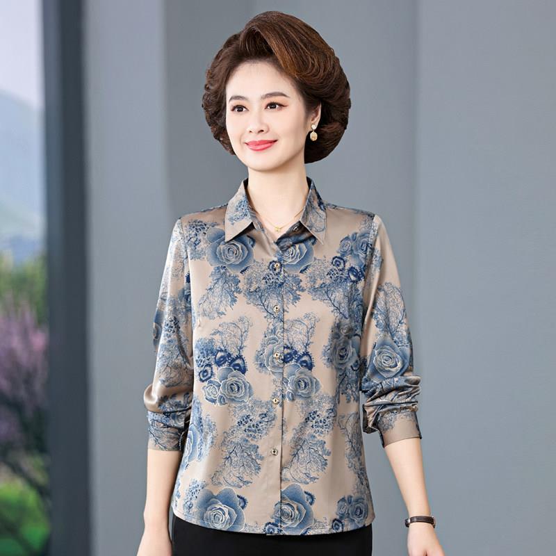五十岁妈妈夏装桑蚕丝衬衫翻领长袖中老年妇女香云纱T恤衬衫外穿