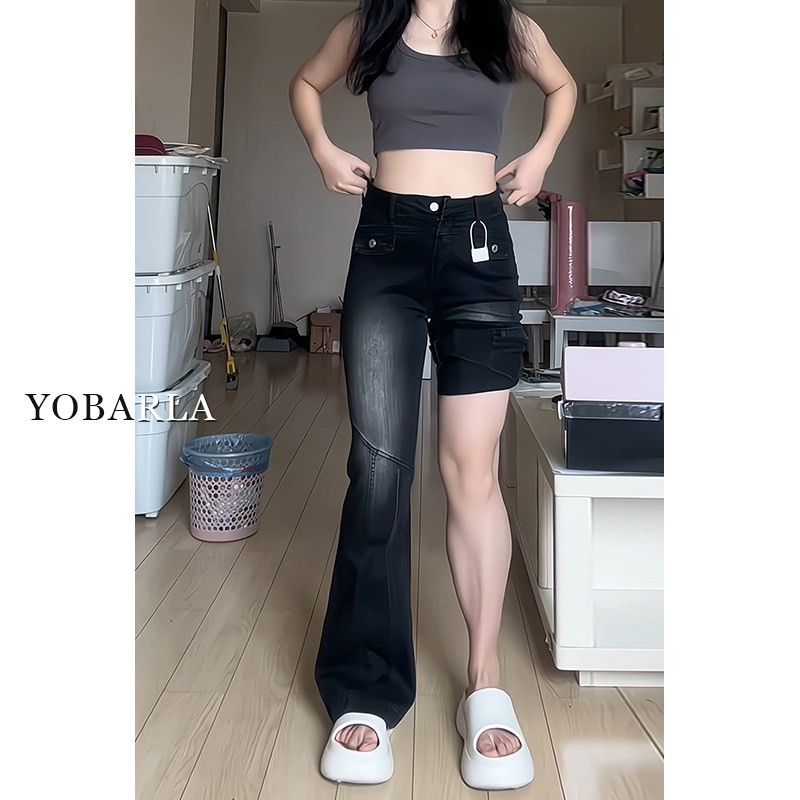 黑灰色弹力微喇叭牛仔裤女夏季高腰大尺码胖mm梨形身材显瘦马蹄裤
