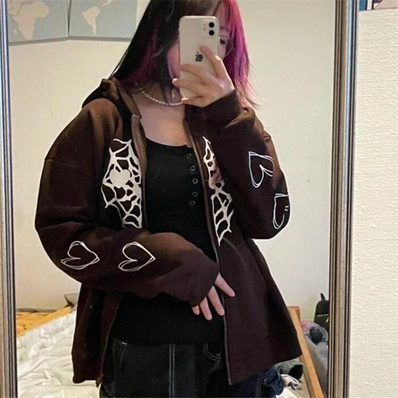Gothic style heart spider web womens zipper sweatshirt