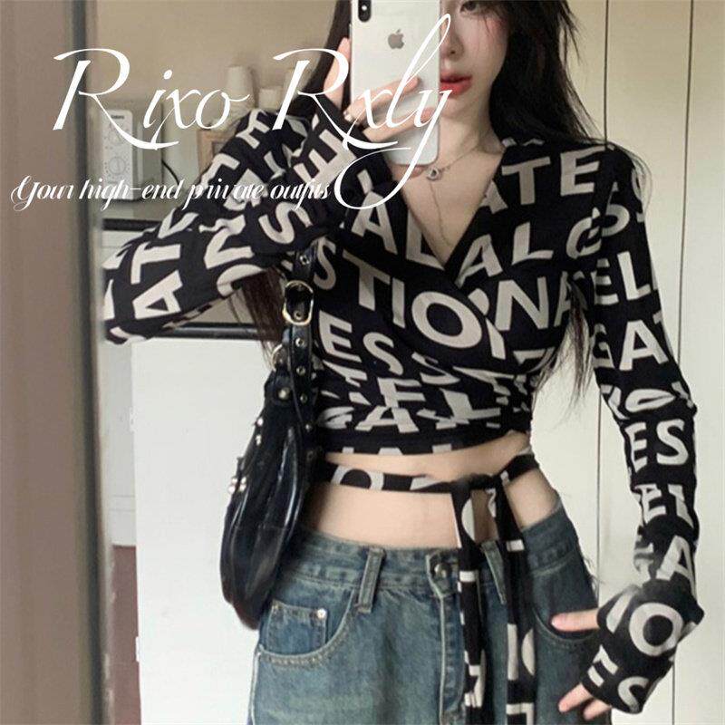 RIXO RXLY字母印花V领长袖T恤女春夏小众设计感修身显瘦露脐上衣