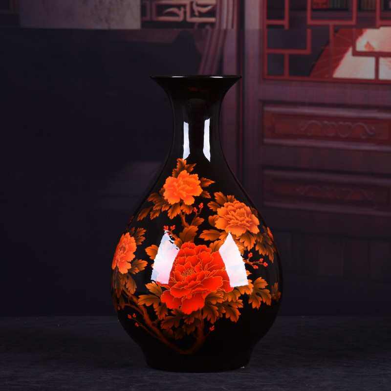 陶瓷花瓶摆件批发黑色牡丹花水晶釉观赏瓶现代家居客厅装饰品批发