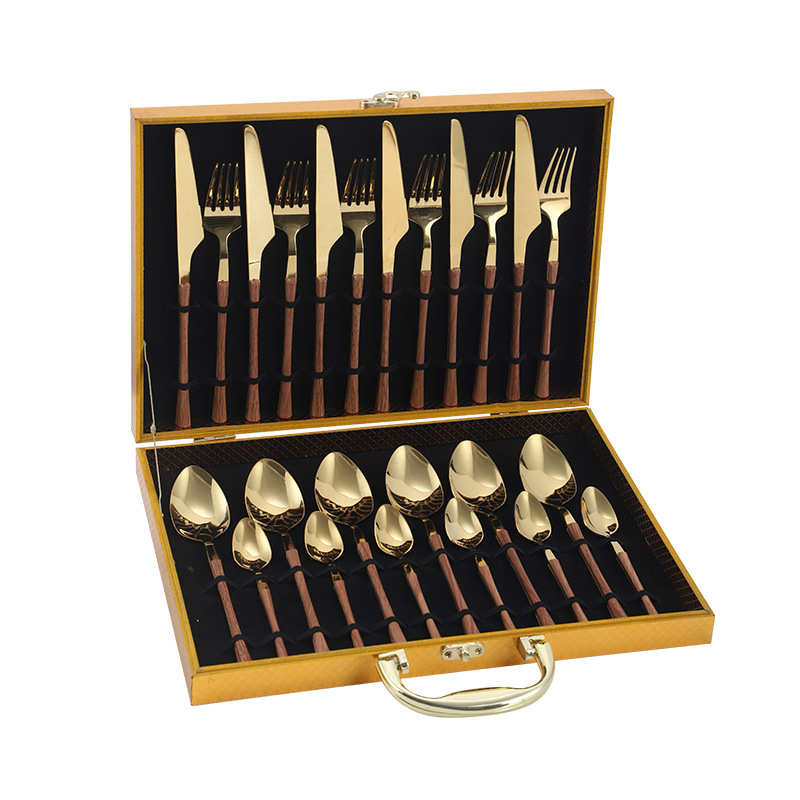 爆款不锈钢餐具24件套装葡萄牙木纹柄四主件西餐刀叉勺套装