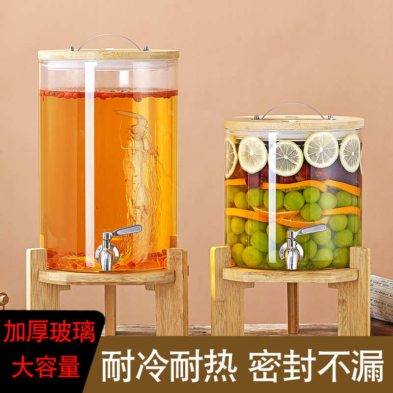 高硼硅耐热玻璃透明带盖发酵桶饮料桶不锈钢龙头家用果汁桶温度计