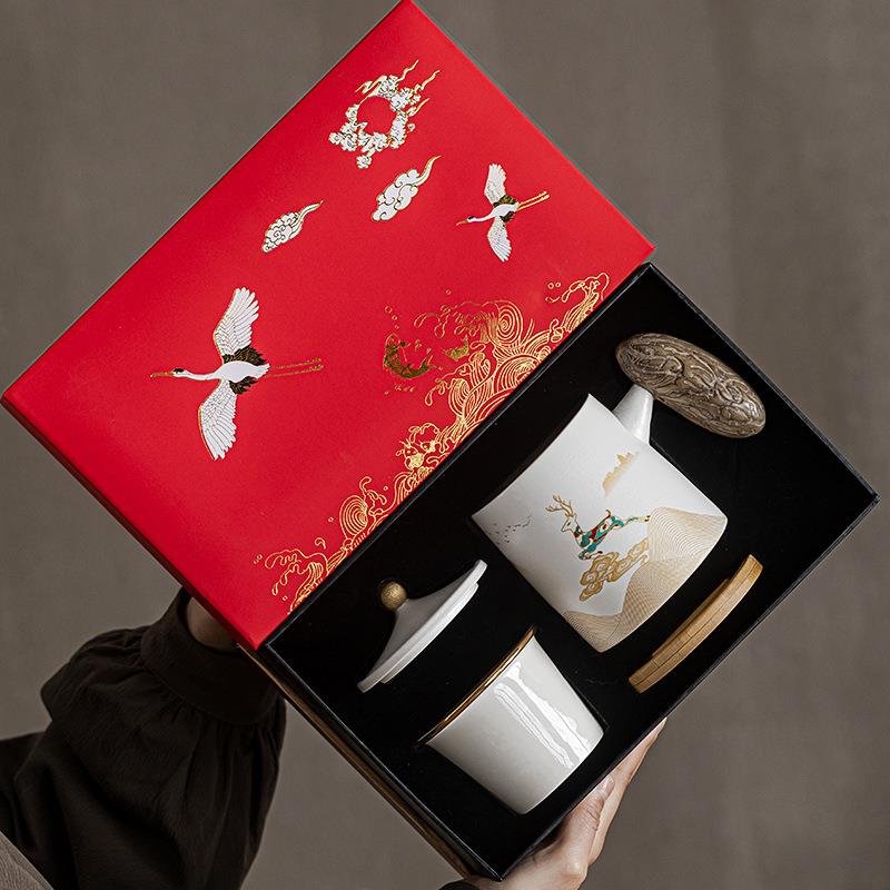 鎏银磨砂白泡茶杯一鹿相随菩提木柄陶瓷过滤带盖家用办公茶水分离