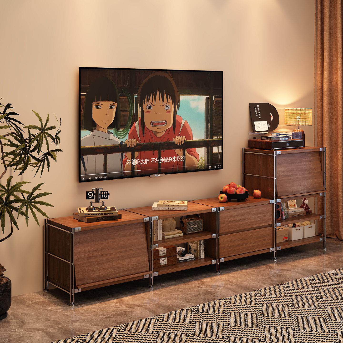 中古风组合电视柜2026新款小户型家用客厅收纳靠墙落地翻门储物柜