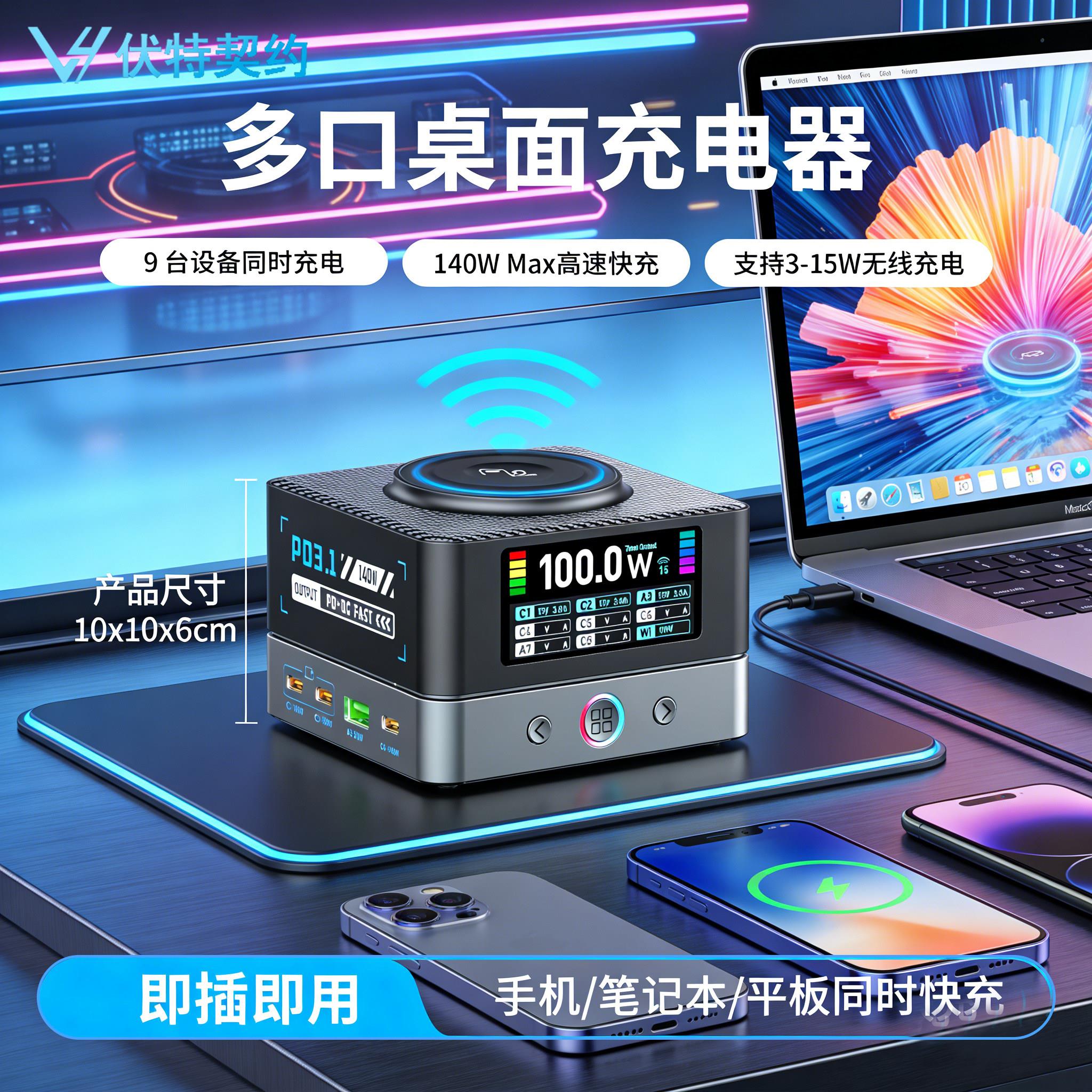 680W氮化镓桌面手机充电器多口桌面充电站带15w无线充电单口140w超级快充适用笔记本平板手机 多设备同时快充