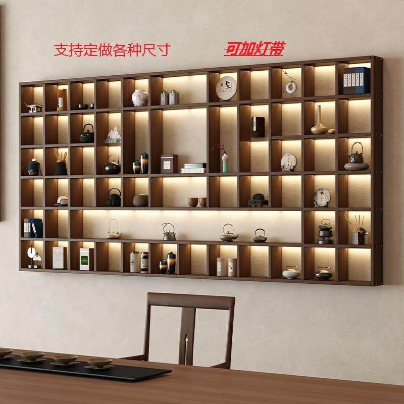 定制实木生态板格子墙上置物茶杯茶壶展示货架创意LED灯带多宝阁