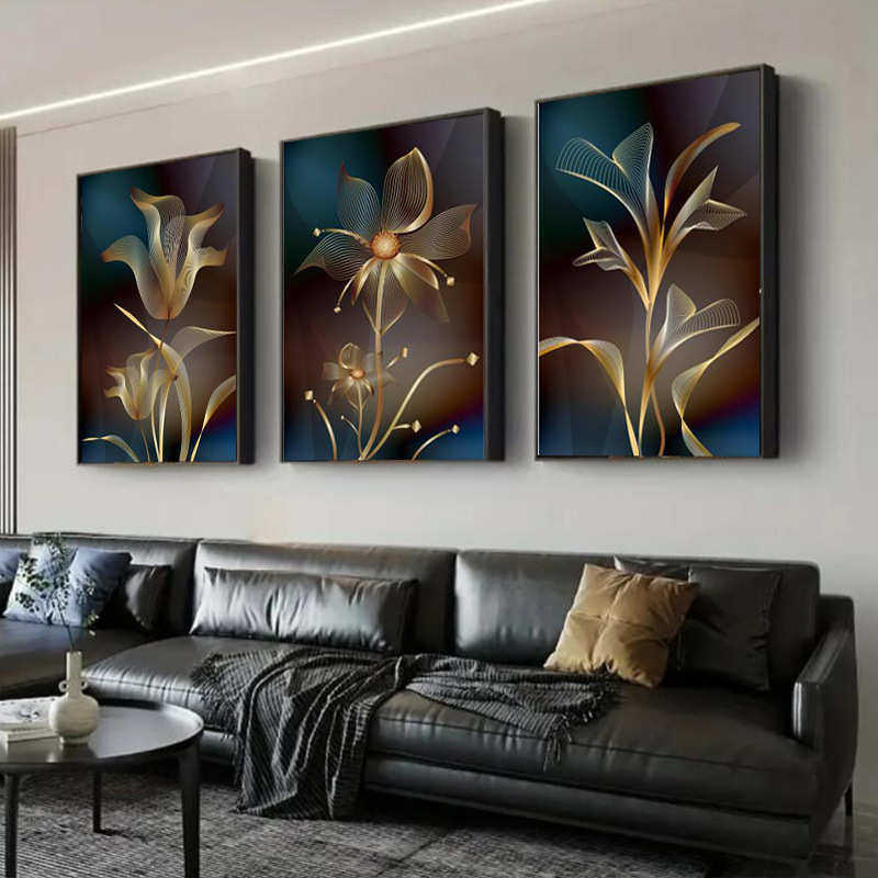 抽象画壁画花艺晶黑金术装饰画瓷画墙客厅三联北欧卧室叶植物挂画
