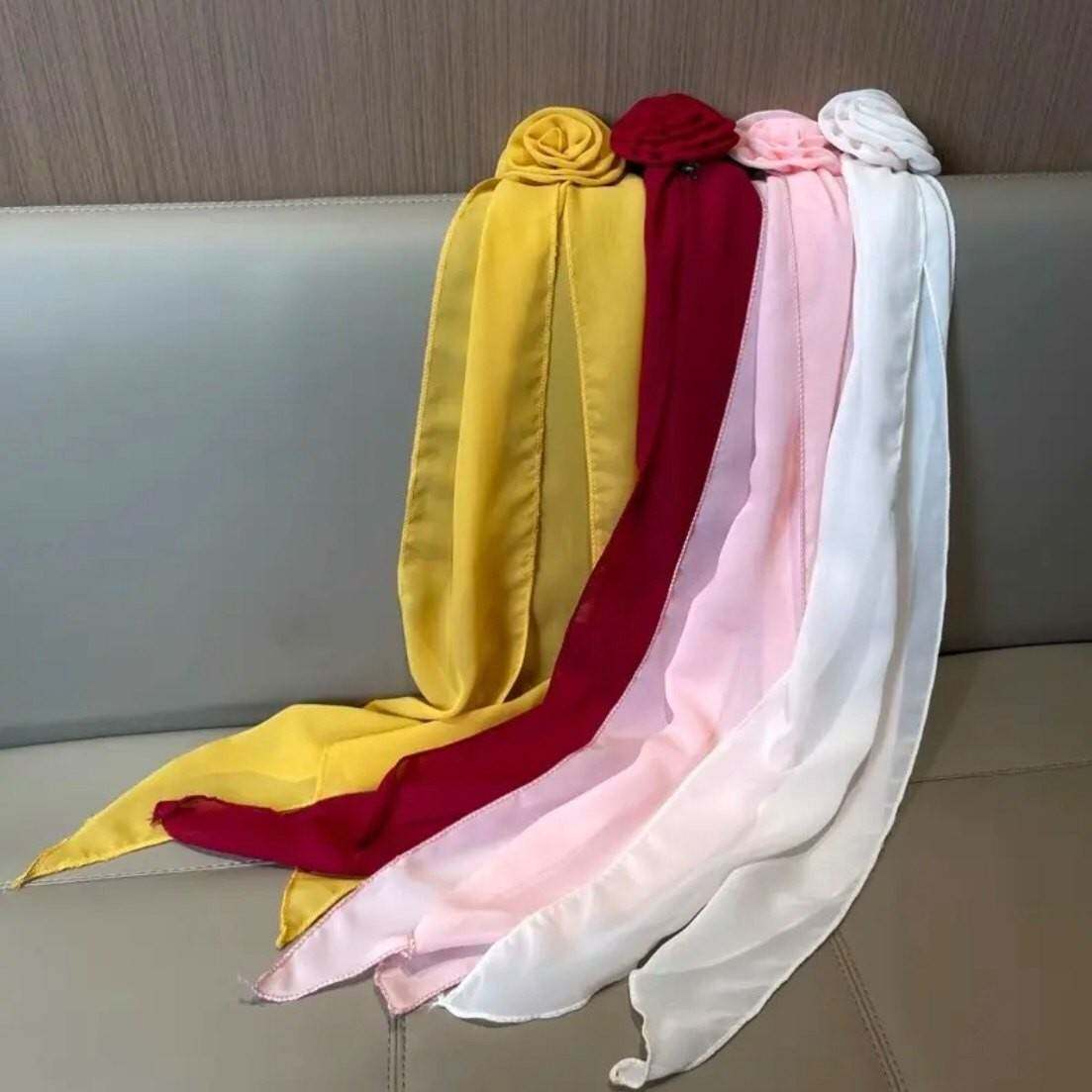 春夏季新款装饰纯色丝巾玫瑰领花雪纺舒适多功能护颈优雅长条领巾