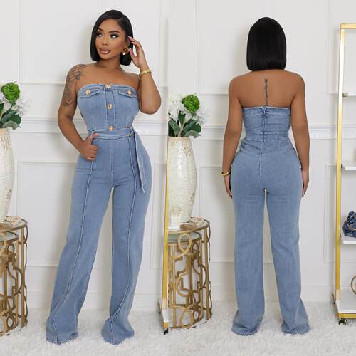 Strapless tight waist elastic wash denim jumpsuit jumpsuit
