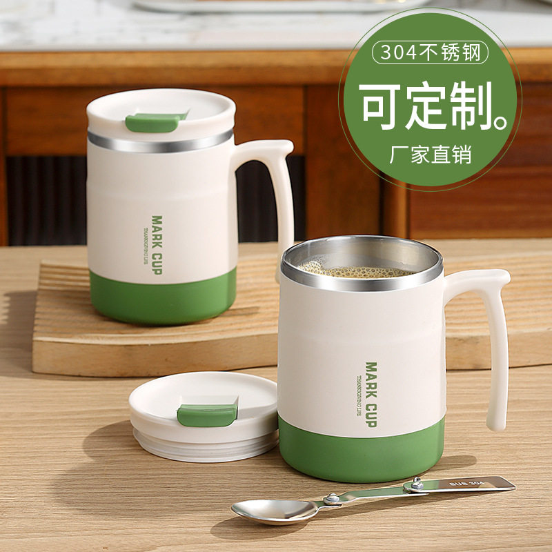 不锈钢杯子带盖勺子马克杯女生图片