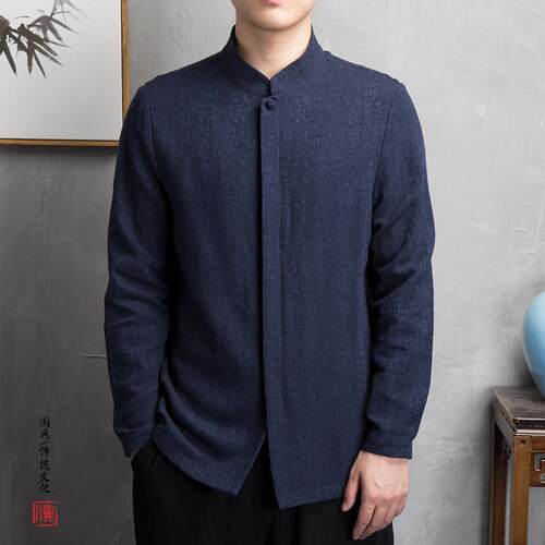 Cotton and linen men's long sleeved shirt men's linen