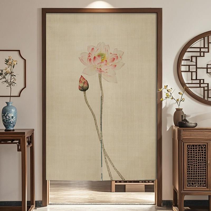 复古荷花简约中式中国风玄关门帘布艺家用卧室隔断帘厕所遮挡挂帘
