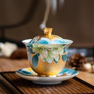 手工真金盖碗省大师肖建辉手绘玉兰陶瓷茶杯主人杯耐高温家用送礼