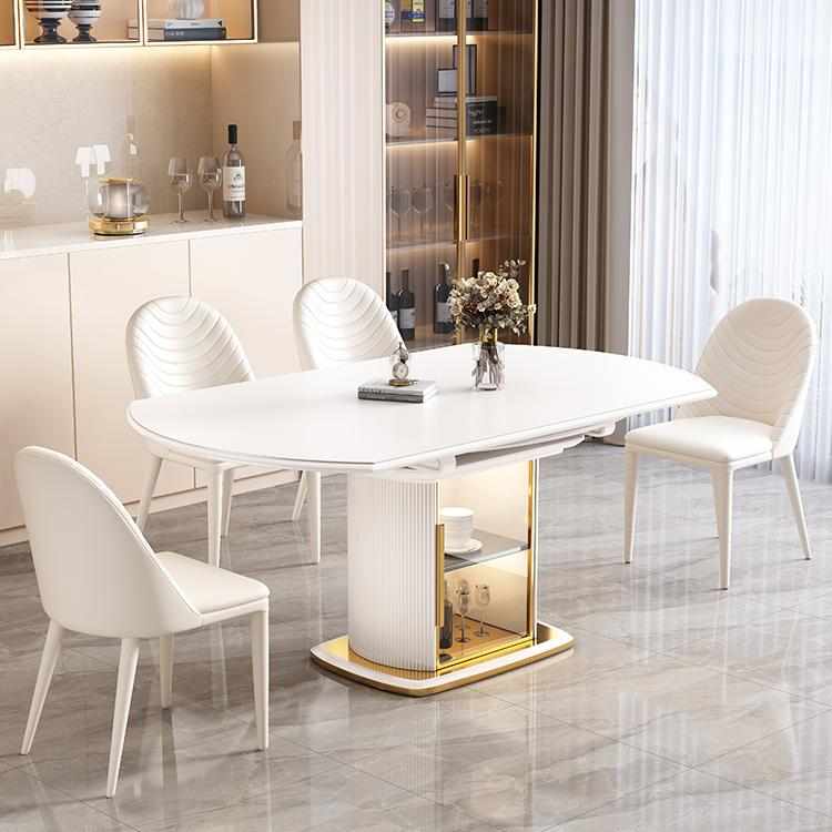 奶油风岩板餐桌椅2024新款家用方圆两用可伸缩储物小户型现代简约