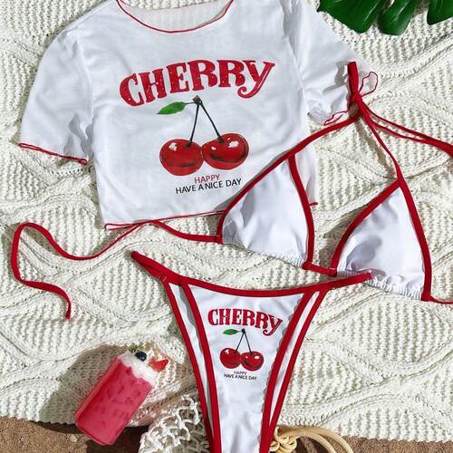 Womens Floral Short Sleeve Bikini Set Asymmetrical Tie Side