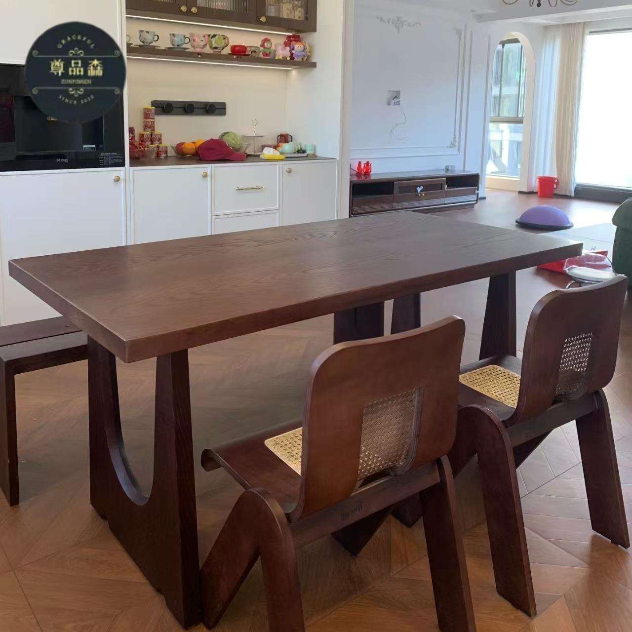 北美胡CZ-20252桃板木色实木餐桌中古饭风原木大桌客厅工作台长方