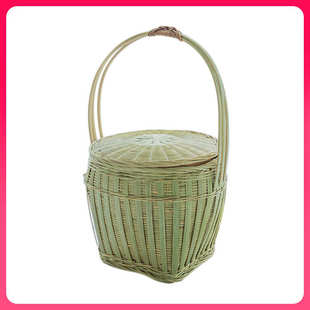 竹提篮有盖子头层竹皮手提篮装茶叶 家用竹编茶叶罐竹篮子有提手