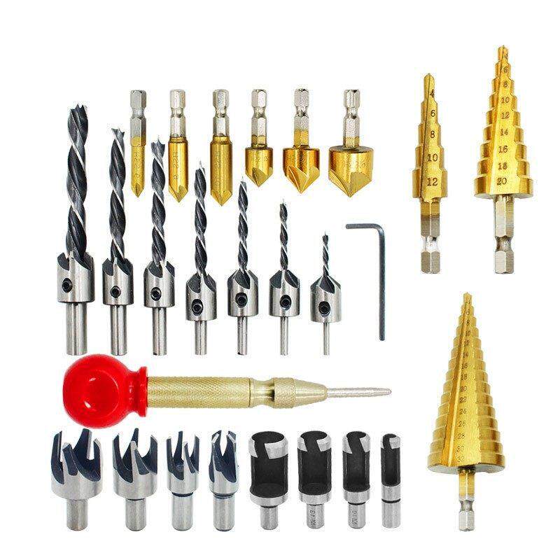 沉孔钻阶梯宝塔钻带帽冲镀钛倒角器木工开孔组合套装26PC