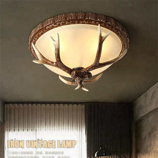 美式复古鹿角吸顶灯卧室玄关过道走廊灯具欧式鹿角树脂圆形吸顶灯