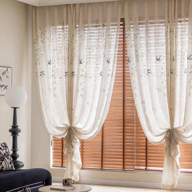 新中式亚麻燕子印花窗帘透光不透人客厅阳台书房复古亚麻色麻纱帘