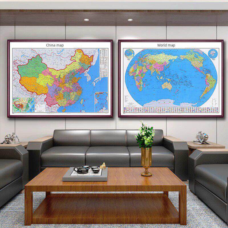 《中国世界地图带框挂图2025》新版办公室墙面装饰画实木大尺寸墙
