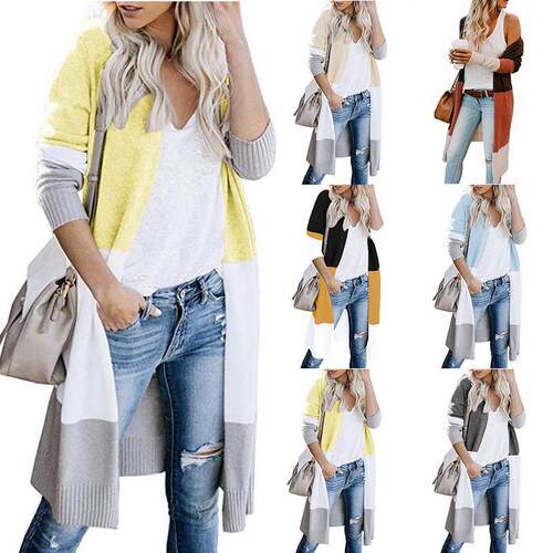 Women's knitted sweater with three color stripes spliced