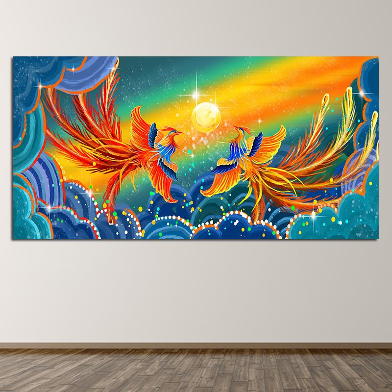 新中式双凤朝阳客厅墙贴画凤凰镇宅风水画办公室带框装饰挂画招财