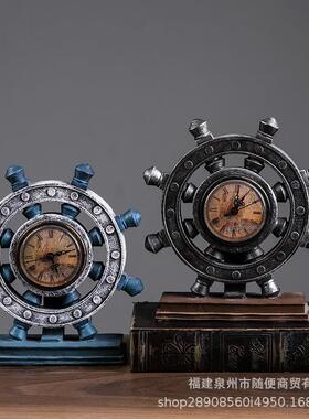 复古怀旧工业风船舵客厅店办公室铺创意摆件装饰品美式钟店铺摆设