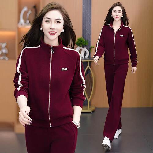 动套装女松春时尚宽减秋龄新款洋气87778760大运码红色外套束脚裤