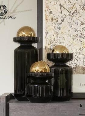 钻石星黑色新古典玻璃花瓶带球型盖水培干花插花器摆件花瓶