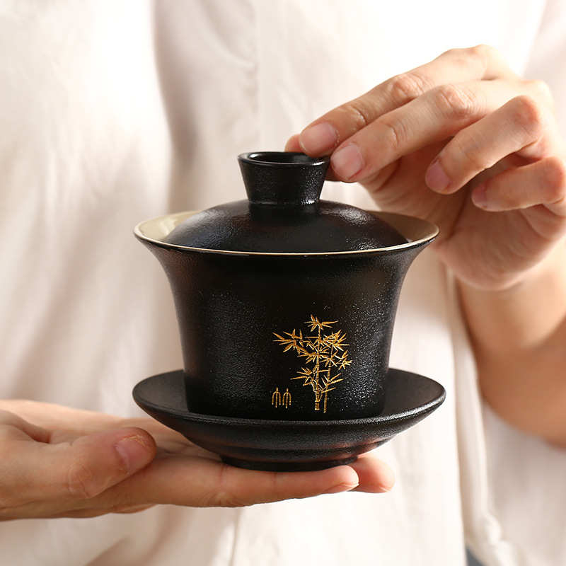 新品雕刻描金黑陶大号盖碗陶瓷三才盖碗敬茶碗泡茶碗盖碗茶杯盖杯